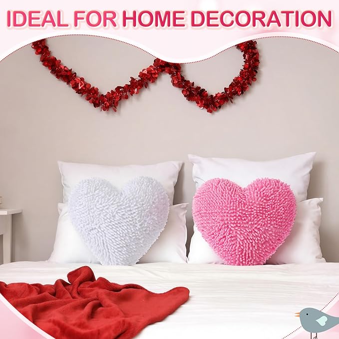 2 Pcs Valentine's Day Heart Shaped Pillow 14 Inch Heart Chenille Pillow Cushion Plush Soft Throw Cushion with Removable Cover for Sofa Couch Bed Women Valentine's Gifts(White, Pink)