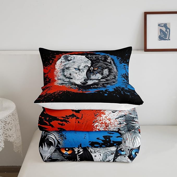 Manfei Tai Chi Wolf Comforter Toddler,Taekwondo Safari Animals Black White Quilt Comforter with 1 Pillowcase,Traditional Chinese Paint Graffiti Red Blue Bedding Set Comfortable,Soft and Breathable