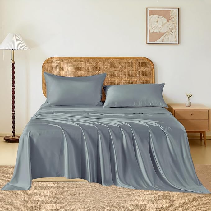 THXSILK Luxury Mulberry Silk Bed Sheets Set - 4pcs Silk Sheets Set 16" Deep Pocket - 1 Fitted Sheet, 1 Flat Sheet, 2 Pillowcases with Zipper Closure - King, Stone Blue