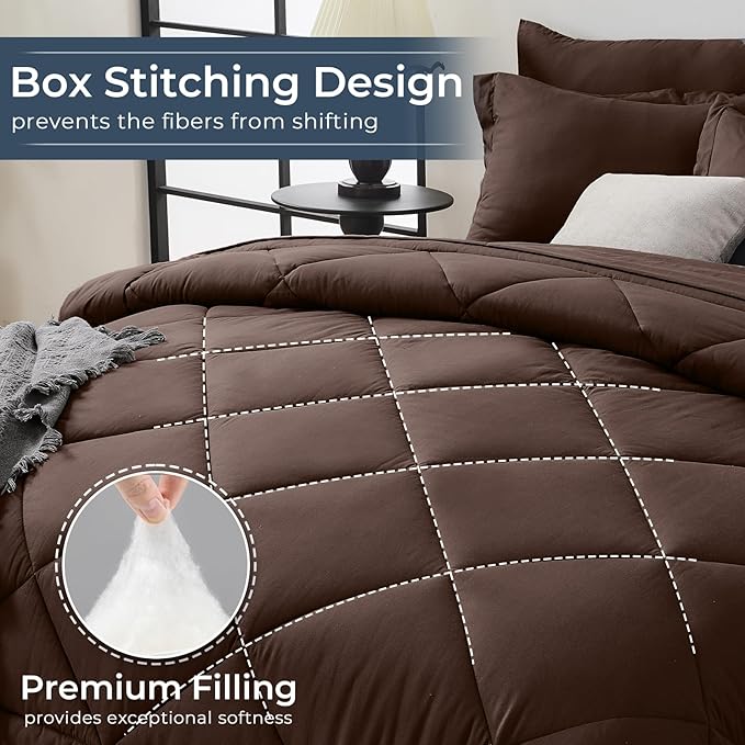 HEVUMYI Brown Queen Comforter Set - 7-Piece All Season Bed in a Bag Queen, Ultra Soft Bedding Set with Comforter, Flat Sheet, Fitted Sheet, Pillowcases, Pillow Shams
