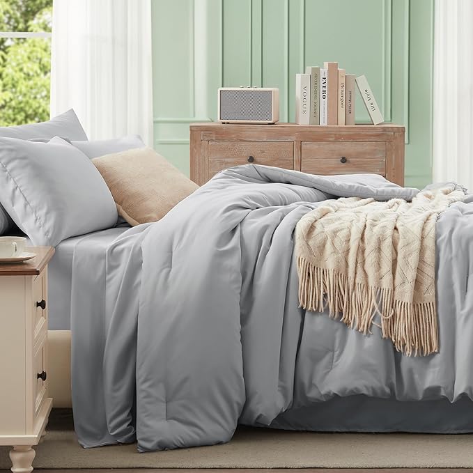 Anluoer Light Grey Full Comforter Set 7 Pieces, Bed in a Bag with Sheets, All Season Bedding Sets with 1 Comforter, 2 Pillow Shams, 2 Pillowcases, 1 Flat Sheet, 1 Fitted Sheet
