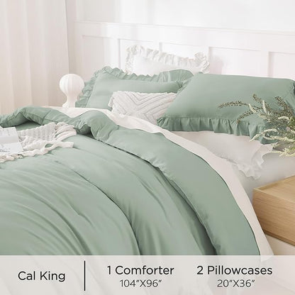 Andency Sage Green California King Comforter Set, 3 Pieces Farmhouse Shabby Chic Cal King Size Ruffle Bed Set, Oversized Soft Lightweight Microfiber Bedding Set