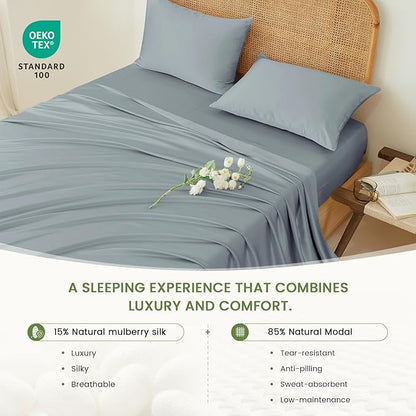 THXSILK Luxury Mulberry Silk Bed Sheets Set - 4pcs Silk Sheets Set 16" Deep Pocket - 1 Fitted Sheet, 1 Flat Sheet, 2 Pillowcases with Zipper Closure - King, Stone Blue