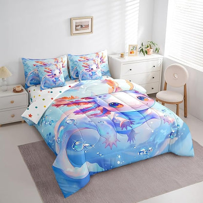 Feelyou Twin Size Cute Axolotl Bed in a Bag Boys Girls Blue Cartoon Salamander Comforter Set with Sheets for Kids Ultra Soft Kawaii Ocean Sealife 7 Piece Bedding Set Reptile Animal Room Decor