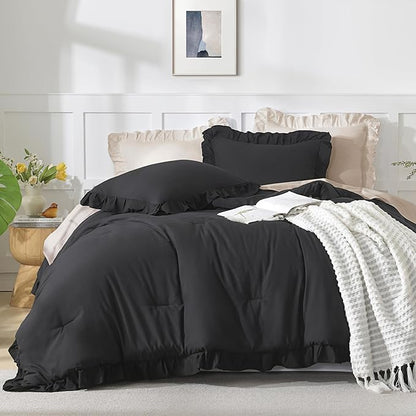 Andency California King Comforter Set Black (104x96Inch), 3 Pieces Cal King Ruffle Comforter, Oversized Farmhouse Shabby Chic Bed Comforter, Lighteweight and Soft Microfiber Bedding Set