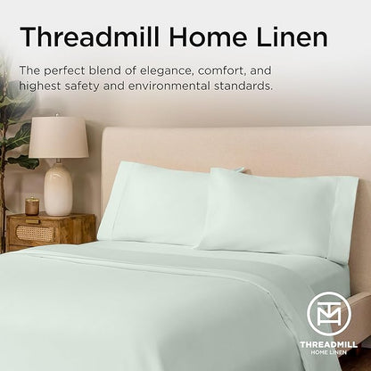 Threadmill Supima Cotton Queen Sheet Set, 1000 Thread Count Queen Sheets for Queen Mattresses, 4 Piece American Luxury Bed Sheets, Sateen Hotel Quality Sheets with Elasticized Deep Pocket, Seaglass