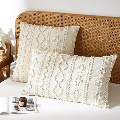 Boho Tufted Comforter Set Queen Size Beige Geometric Tufted Bedding Set 3 Pieces Farmhouse Shabby Chic Embroidery Comforter Soft Jacquard Bed Set for All Seasons with 2 Pillowshams