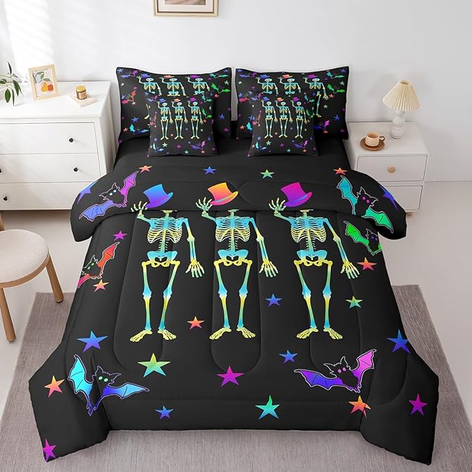 Erosebridal Sugar Skull Bed in a Bag King Size Comforter Set 7 Pieces,Gothic Skeleton Halloween Decor,Bedding Sets Galaxy Stars Sheet Set with Comforter