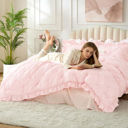 BEDELITE Baby Pink King Size Comforter Set - 3 Pieces Boho Ruffle Pintuck Bedding Comforter Sets, Lightweight Soft & Warm King Bedding Set with 2 Pillowcases for All Season