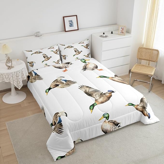 Feelyou Mallard Duck Bedding Set Hunting and Fishing Comforter Set Wild Animal Comforter for Boys Girls Kids Wildlife White Duvet Set Full Size with 2 Pillow Case