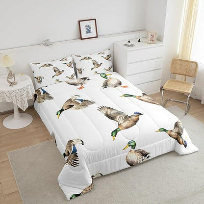 Feelyou Mallard Duck Bedding Set Hunting and Fishing Comforter Set Wild Animal Comforter for Boys Girls Kids Wildlife White Duvet Set Full Size with 2 Pillow Case