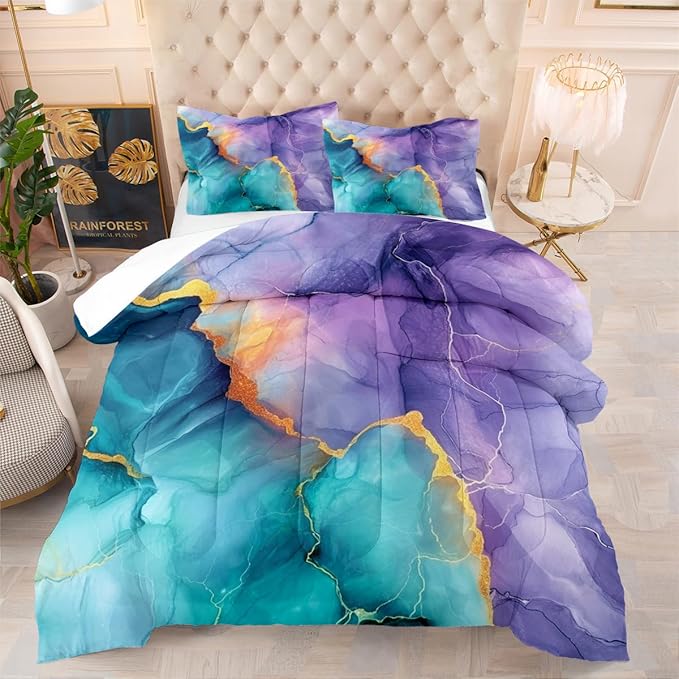 Blue Purple Marble Comforter Set Queen Size Teal Ombre Abstract Bedding Set Women Men Modern Aesthetic Comforters 3 Pieces Gold Marbling Art Bed Sets Soft Lightweight 90x90 Comforter Sets