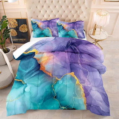 Blue Purple Marble Comforter Set King Size Teal Ombre Abstract Bedding Set Women Men Modern Aesthetic Comforters 3 Pieces Gold Marbling Art Bed Sets Soft Lightweight 104x90 Comforter Sets