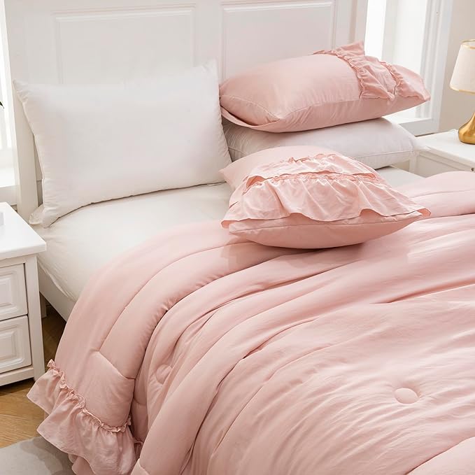 Pink Bedding Comfrter Queen Boho Ruffle Comforter Set Shabby Chic Bedding 2 Layers Ruffles Home Decor Farmhouse Bed Comforter 1 Comforter 2 Pillowcases (Blush, Queen)