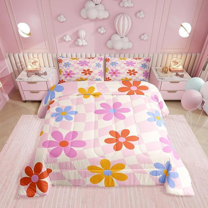 Erosebridal Cute Flower Toddler Bedding Set Kawaii Cartoon Floral Comforter Set for Kids Girls Teen Room Decor,Pink Girly Comforter Watercolor Flowers Geometric Plaid Grids Bed Set