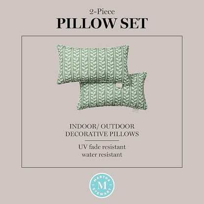 Martha Stewart Vineyard Vines Indoor Outdoor Decorative Lumbar Pillow 2-Pack Set, UV Fade Resistant, Water Repellent, Printed Garden Design, Green, 11"x18"
