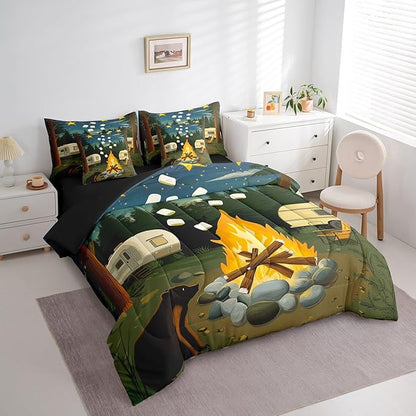 Erosebridal Rv Camper King Bedding Set, Happy Camping Bed in A Bag,Wild Campfire Comforter Sets with Sheets, Rustic Starry Night 7 Pieces Bed Set Bedroom Decor