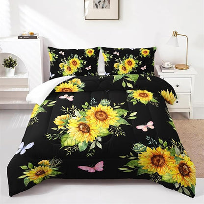 Black 3 Piece Sunflower Comforter Sets Queen Size, Farmhouse Floral Bedding Set for Girls Boys Adults,3 Piece Bed in A Bag, Ultra Soft Microfiber All Season Yellow Flower Bedding Set
