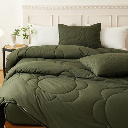 CLOTHKNOW Army Green Floral Comforter Set Twin/Twin XL Daisy Puff Bedding Comforter Sets Dark Green Comforter Sets Twin