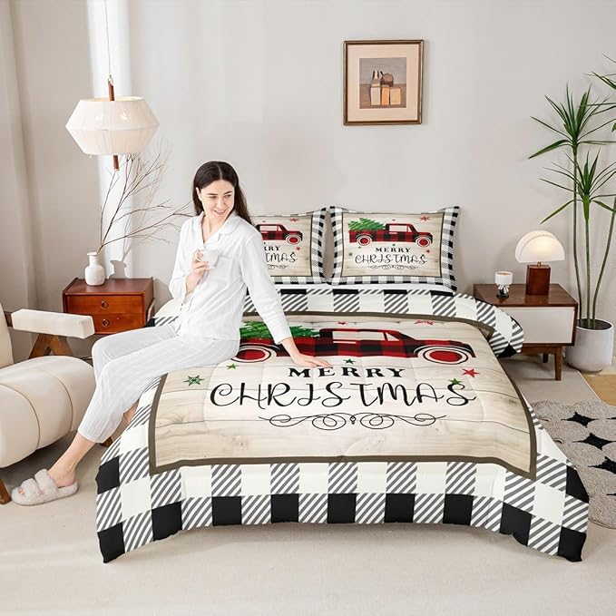 Geometric Christmas Plaid Comforter Set Full Size,Black White Truck Bedding 3pcs for Kids Boys Adult Room Decor,Brown Rustic Farmhouse Quilted Duvet Happy New Year Bedspread,2 Pillowcases