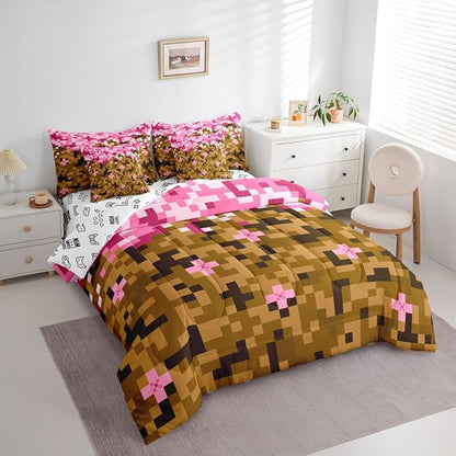 Castle Fairy Miner Theme Games 7 Piece Bedding Set Queen Size,Pixel Pink Brown Comforter & Sheet Sets Building Gamers Bed in a Bag Block Patchwork Flat & Fitted Sheets,4 Pillow Covers