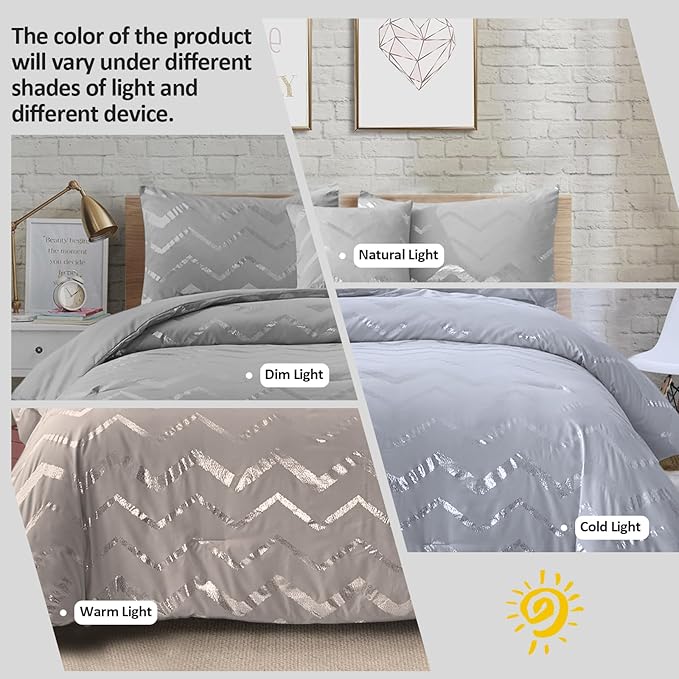 Menghomeus Grey and Silver Comforter Set Queen/Full Metallic Print Geometric Bed Comforter 4 Pieces Soft Microfiber Bedding for Teen Kids Boys (2 Pillow Shams + 1 Decorative Pillow Sham)