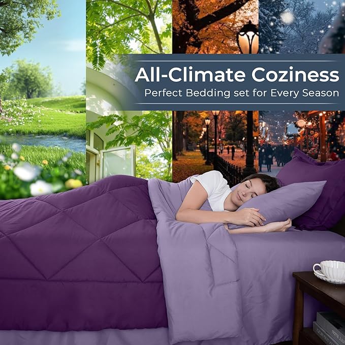 HEVUMYI Purple & Light Purple Full Comforter Set - 7-Piece All Season Bed in a Bag Full, Ultra Soft Bedding Set with Comforter, Flat Sheet, Fitted Sheet, Pillowcases, Pillow Shams