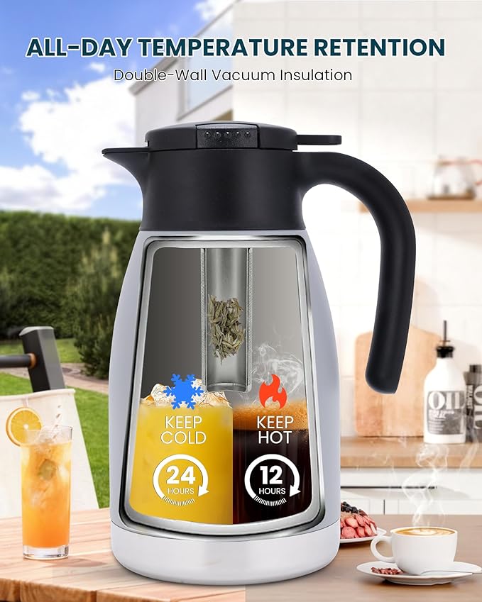 GiNT 51oz Thermal Coffee Carafe with Infuser – Insulated Tea Carafe, Removable Filter, Dishwasher-Safe | 1.5L 6–7 Cups, Wide Mouth, Leak-Proof Seal | Stainless Steel Beverage Server for Home & Office