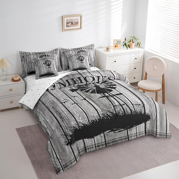 Erosebridal King Size Windmill Comforter Set with Sheets & Pillows - 7-Piece Rustic Wooden Decor Bed in a Bag