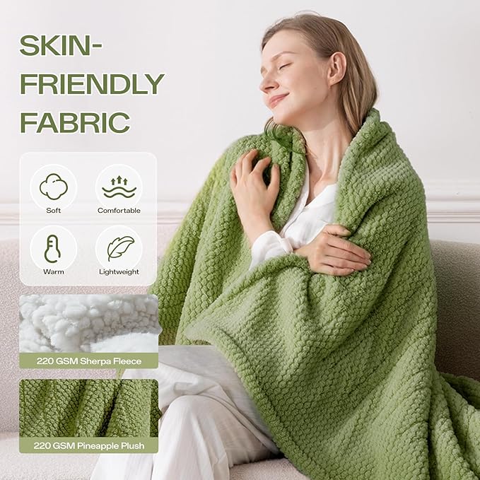Heated Throw Electric Blanket, 50x60 Inches Fuzzy Fleece Blanket, Soft Fluffy Fast Heating Blanket 8 Heating Levels & 8 Hours Auto Off, Blanket with ETL & FCC Certification, Green
