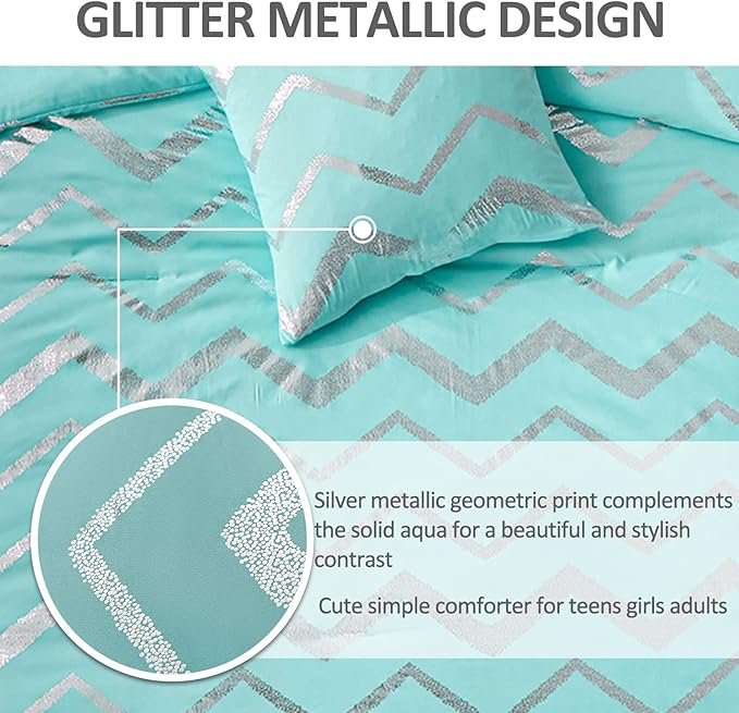 Menghomeus Aqua Comforter Set King Metallic Teal and Silver Bed Comforter 4 Piece Soft Microfiber Bedding for Teen Girls Women (2 Pillow Shams + 1 Decorative Pillow Sham)