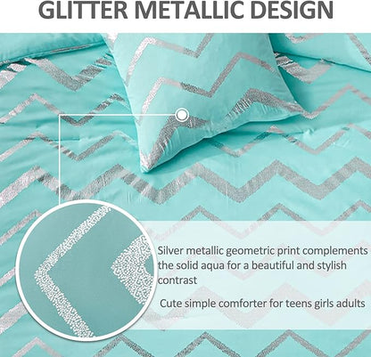Menghomeus Aqua Comforter Set King Metallic Teal and Silver Bed Comforter 4 Piece Soft Microfiber Bedding for Teen Girls Women (2 Pillow Shams + 1 Decorative Pillow Sham)