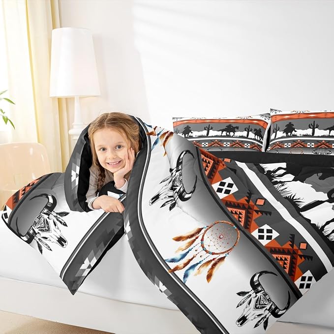 Erosebridal Queen Size Western Horse Comforter Set Longhorn Skull Dream Catcher Boho Bedding Set for Kids Boys Teens Adult Bedroom, Cowboy Aztec Quilt Southwestern Geometric Duvet Insert, Grey