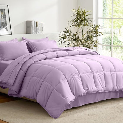 COZYART King Comforter Set 7 Pcs, Lavender Bed in a Bag, All Season Lightweight Soft Reversible Bedding Set, 1 Comforter, 1 Flat Sheet, 1 Fitted Sheet, 2 Pillow Shams, 2 Pillowcases