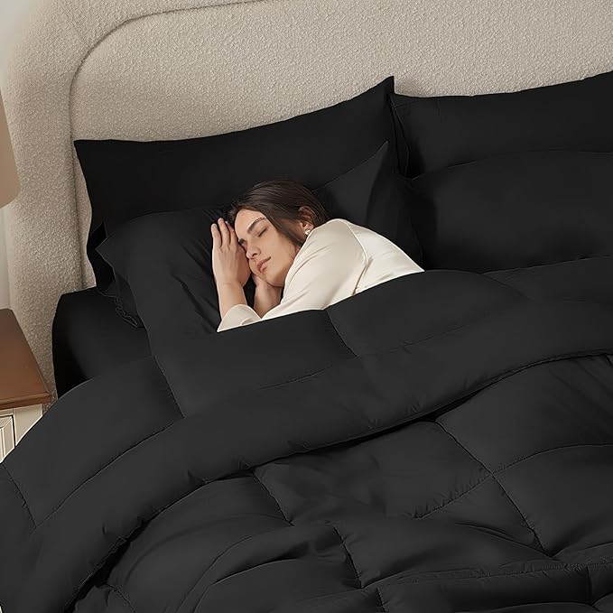 SunStyle Home Full/Queen Comforter Set - 7 Pieces Black Bed in a Bag, All Season Soft Comforters Queen Size Bedding Sets Includes 1 Comforter, 1 Flat Sheet, 1 Fitted Sheet, 4 Pillowcases