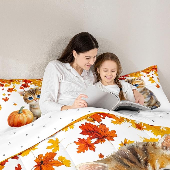 Cute Pumpkin Cat Bedding Sets King Kawaii Watercolor Cat Comforter Set For Kids Boys Girls Autumn Fall Maple Leaf Comforter Thanksgiving Harvest Seasonal Quilt Duvet Orange White 2 Pillow Cases