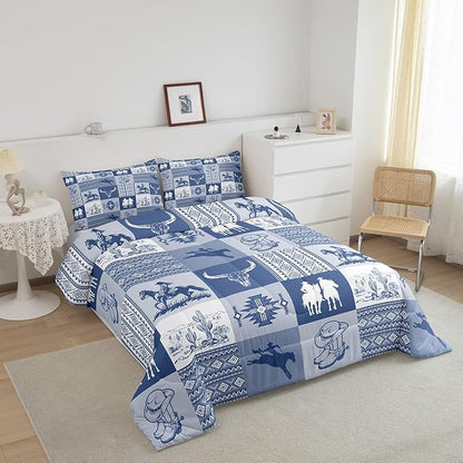 Western Cowboy Comforter Set King Size,Aztec Tribal Striped Bedding Set 3Pcs for Kids Teens Women Men Room Decor,Blue White Geometric Grid Quilt Set Vintage Rustic Duvet Insert,2 Pillowcases