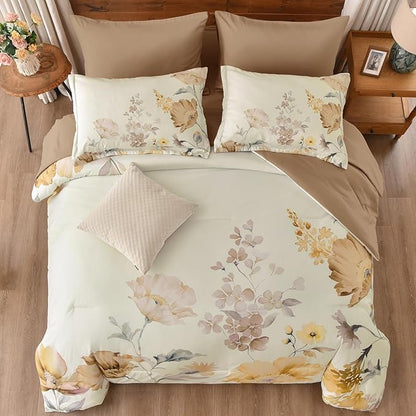 DJY Floral Comforter Set Queen Size 7 Pieces Cream & Warm Yellow Floral Bed in a Bag with Flower Leaves Pattern, Soft Microfiber Botanical Comforter and Sheet Set All Season Bedding Set(90''x90'')