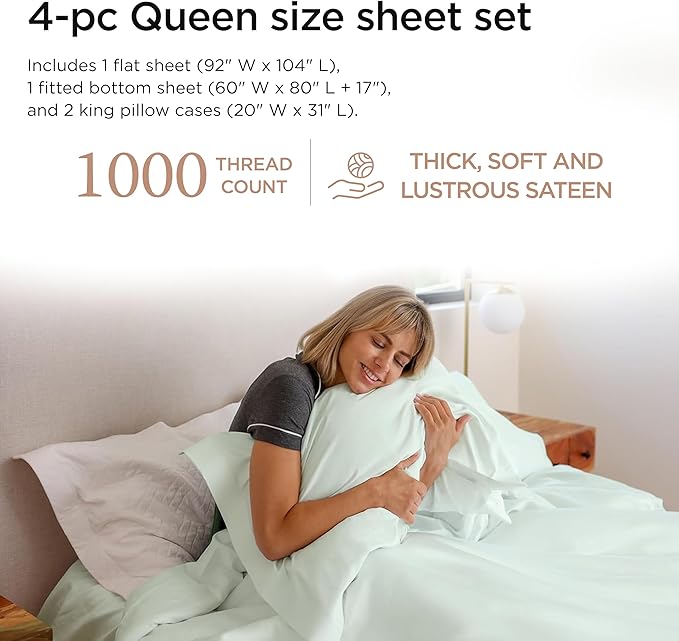 Threadmill Supima Cotton Queen Sheet Set, 1000 Thread Count Queen Sheets for Queen Mattresses, 4 Piece American Luxury Bed Sheets, Sateen Hotel Quality Sheets with Elasticized Deep Pocket, Seaglass