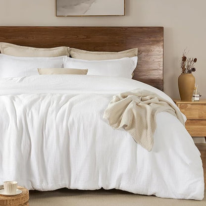 PHF Cotton Muslin Comforter Set Queen Size, Ultra Soft, Breathable & Lightweight All-Season Bedding, Filling: 100% Polyester, 3 Pieces with 1 Comforter 90"x90" and 2 Pillow Shams 20"x26", White