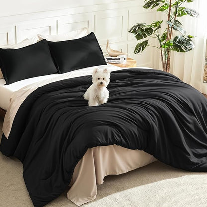 Litanika Comforters Black Oversized Queen Size, 3 Pieces Lightweight Solid Bedding Comforter Set, All Season Fluffy Bed Set (98x98In Comforter & 2 Pillowcases)