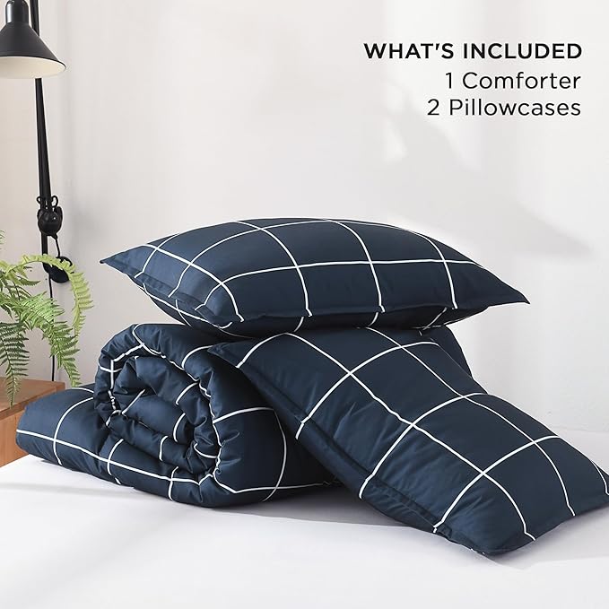 Andency Navy Plaid Comforter Full(79x90Inch), Dark Blue Grid Gingham Buffalo Plaid Bed Set for Boys Kids Teens, 3 Pieces Lightweight Microfiber Geometric Preppy Bedding