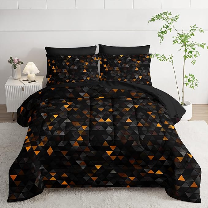 Geometric Yellow Black Triangle Queen Size Comforter Set,Light Honeycomb Bedding Set 7 Piece in A Bag,Bed Sheet Set Geometry Decor,Microfiber Lightweight All Season