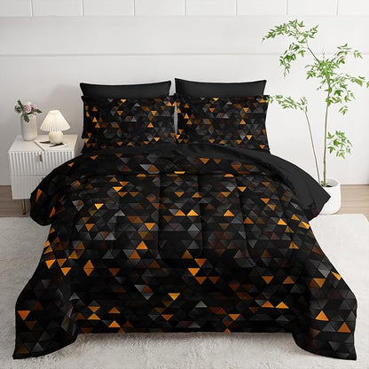 Geometric Yellow Black Triangle Twin Size Comforter Set,Light Honeycomb Bedding Set 7 Piece in A Bag,Bed Sheet Set Geometry Decor,Microfiber Lightweight All Season