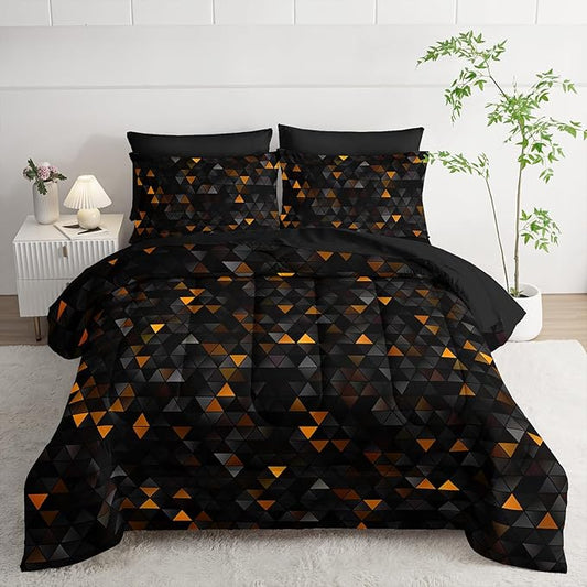 Geometric Yellow Black Triangle Full Size Comforter Set,Light Honeycomb Bedding Set 7 Piece in A Bag,Bed Sheet Set Geometry Decor,Microfiber Lightweight All Season