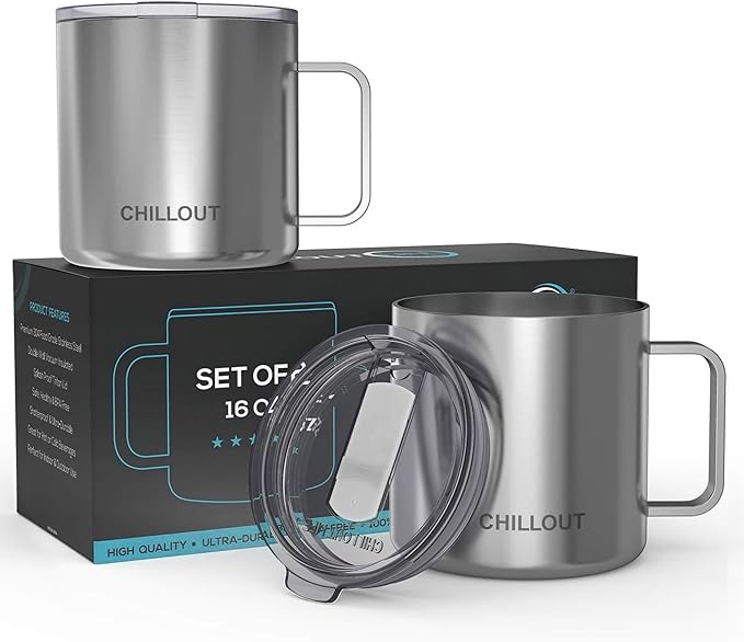 CHILLOUT LIFE Stainless Steel Vacuum Insulated Coffee Mug 16 oz (Set of 2) with Handle and Lid, Large Thermal Camping Coffee Mugs with Sliding Lid for Men & Women, Keeps Your Beverages Hot & Cold