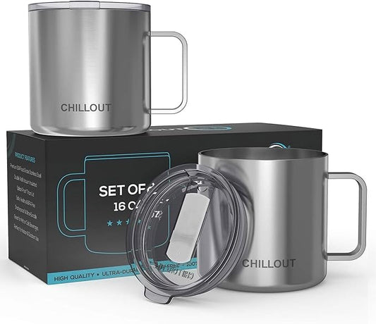 CHILLOUT LIFE Stainless Steel Vacuum Insulated Coffee Mug 16 oz (Set of 2) with Handle and Lid, Large Thermal Camping Coffee Mugs with Sliding Lid for Men & Women, Keeps Your Beverages Hot & Cold
