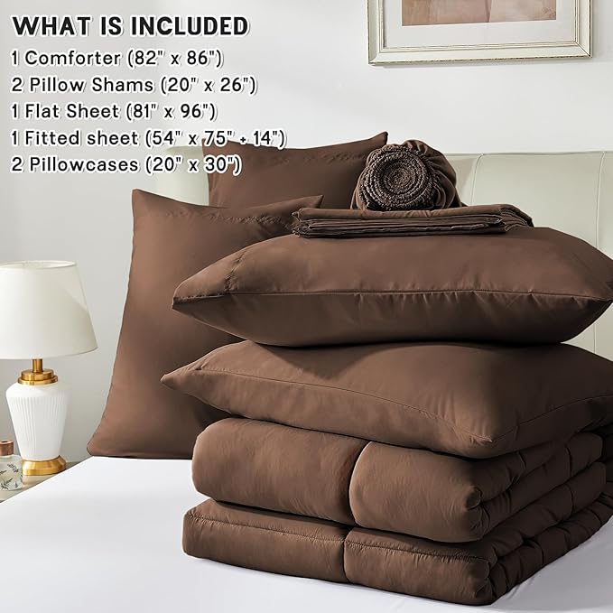 Anluoer Full Size Bed in a Bag 7 Pieces, Brown Bed Comforter Set with Sheets, All Season Bedding Sets with 1 Comforter, 2 Pillow Shams, 2 Pillowcases, 1 Flat Sheet, 1 Fitted Sheet