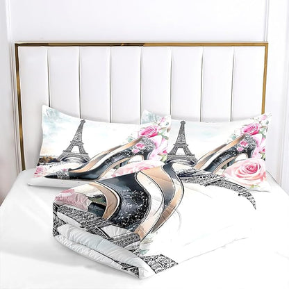 Eiffel Tower Comforter Set Twin Size, Pink Rose High Heels Bedding Set for Kids Bedroom Decor/68 * 86