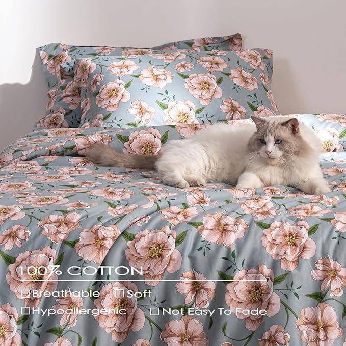 Cotton Comforter Queen Size Set – Blue Green Blush Floral Cotton Shell Bedding, Soft & Breathable, All-Season Down-Alternative Fill, Includes 1 Comforter & 2 Pillow Shams